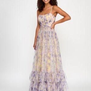 City Studios Women's Juniors' Yellow Printed Tulle Ruffle Gown Dress Size 1/2